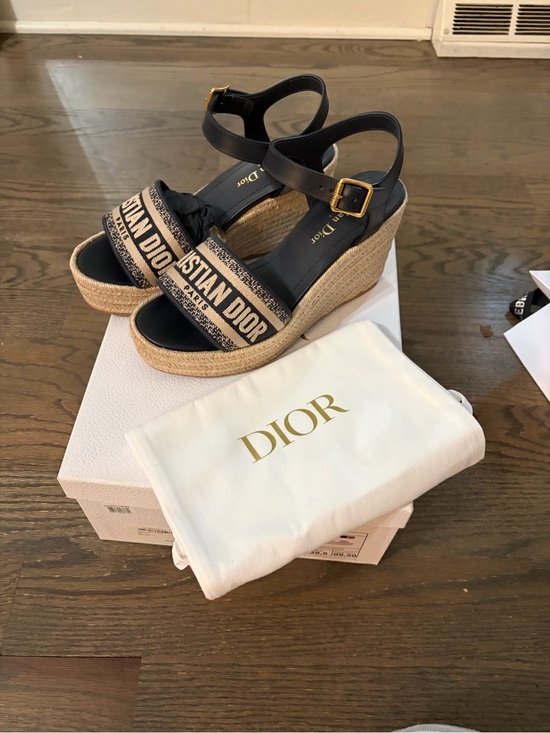 Dior Shoes - Dior Black Leather and Natural Jute Logo Espadrille Wedges